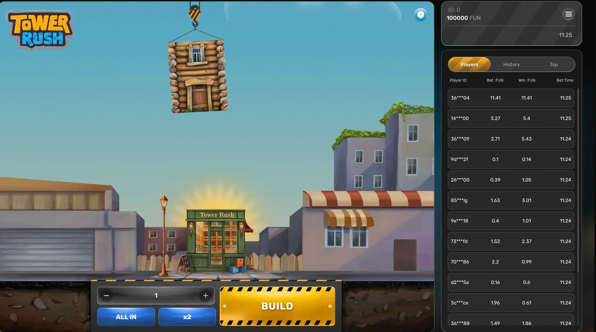Interface de jeu de Tower Rush : Bouton Build et multiplicateur