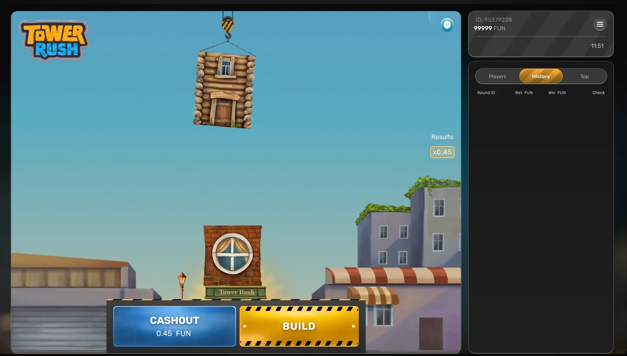 Interface du jeu Tower Rush avec bouton "Cash Out"